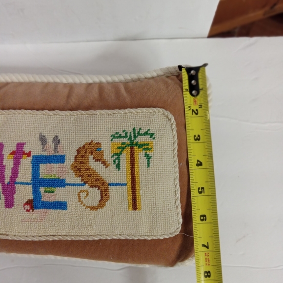 Vintage KEY WEST Accent Pillow Velveteen w/ Cross-Stitch Topping & Rope Edges He - Picture 4 of 8